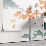 Tapet Japandi cu elemente japoneze ciresi infloriti nori si egrete - PEACHY SAKURA