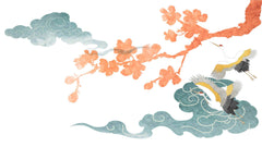Tapet Japandi cu elemente japoneze ciresi infloriti nori si egrete - PEACHY SAKURA