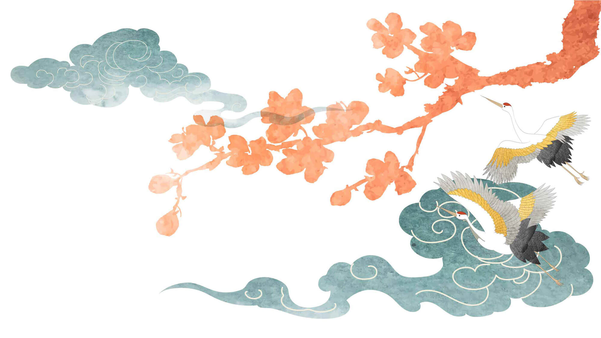 Tapet Japandi cu elemente japoneze ciresi infloriti nori si egrete - PEACHY SAKURA