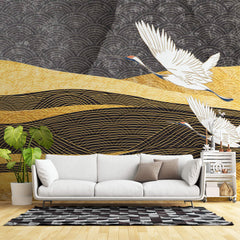Tapet Japandi cu peisaj abstract cu egrete in zbor in nuante de negru si auriu si motive seigaiha - GOLDEN CHARCOAL CRANES