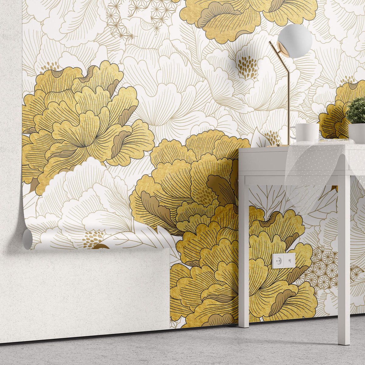 Tapet Japandi cu bujori albi si aurii infloriti si motive japoneze - IMPERIAL GOLD PEONY