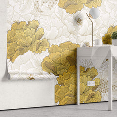 Tapet Japandi cu bujori albi si aurii infloriti si motive japoneze - IMPERIAL GOLD PEONY