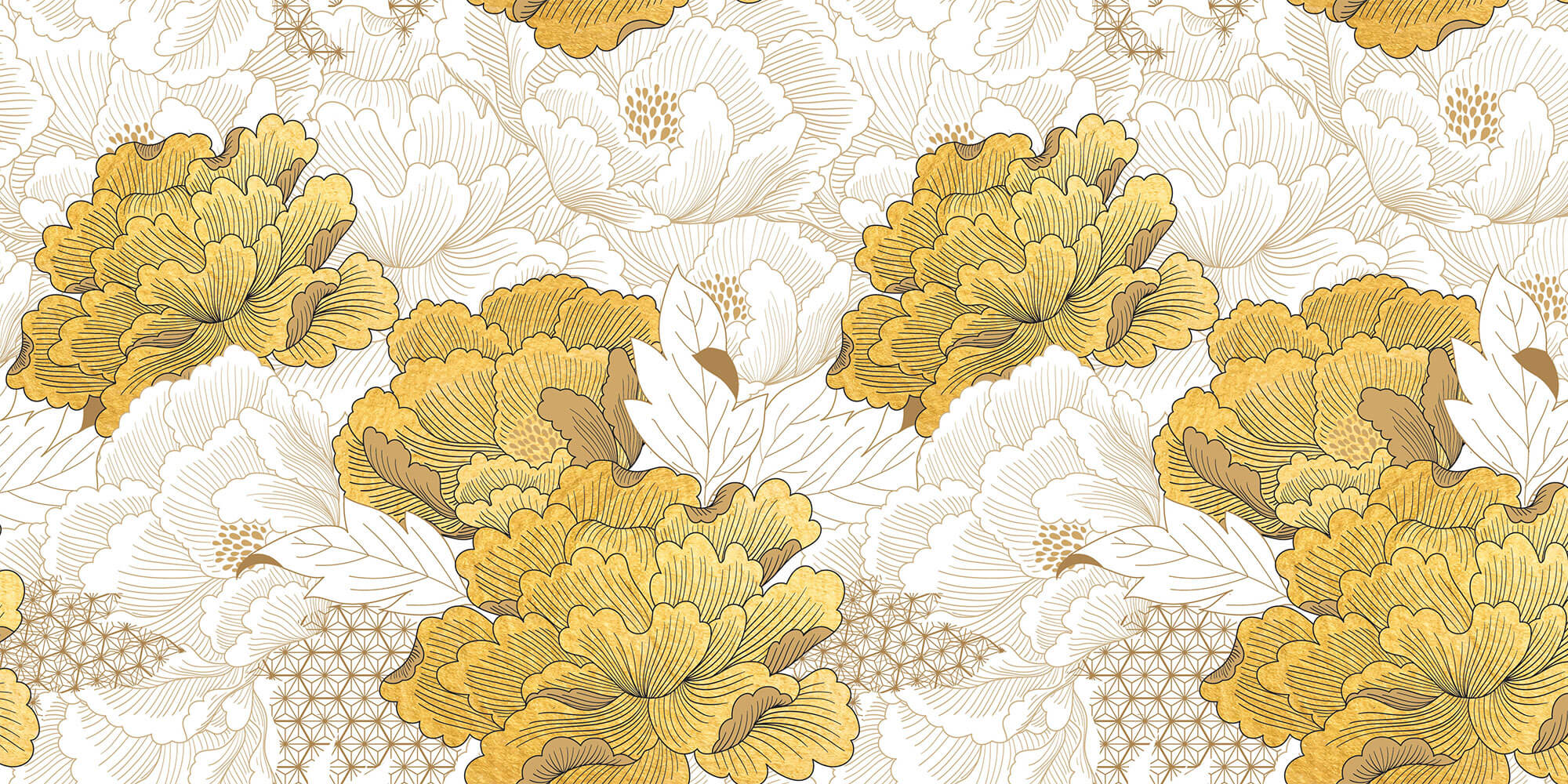 Tapet Japandi cu bujori albi si aurii infloriti si motive japoneze - IMPERIAL GOLD PEONY