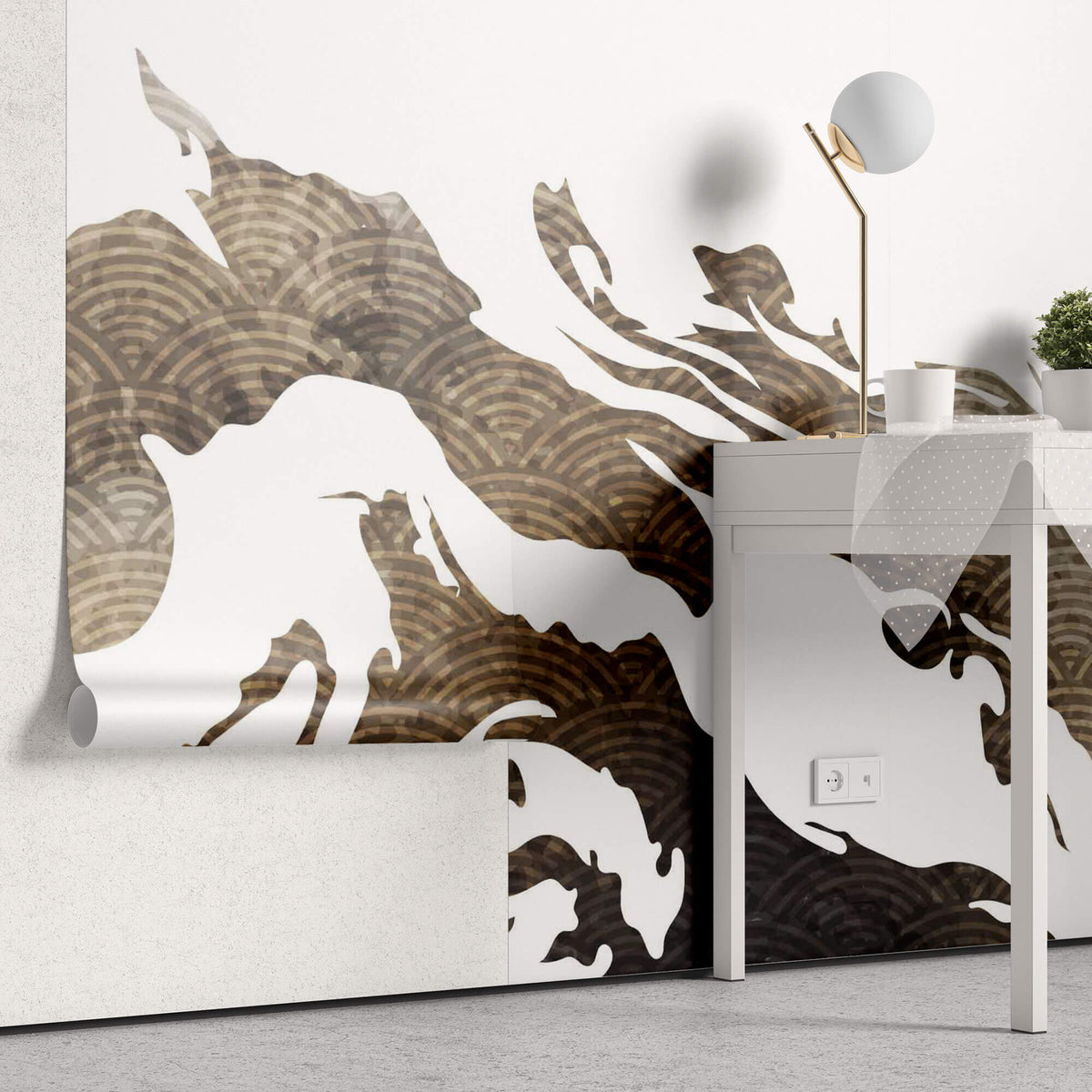 Tapet Japandi cu ilustratie abstracta in stil japonez cu motive seigaiha in nuante cafenii - JAPANDI COFFEE MOUNTAINS