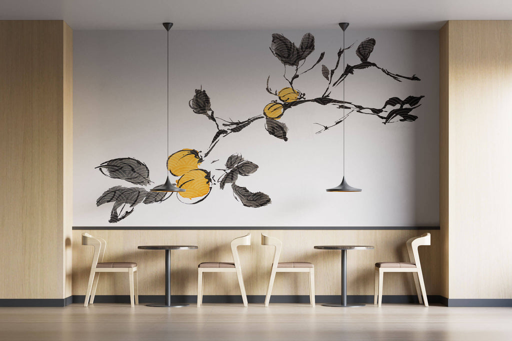 Tapet Japandi cu creanga de cais intr-o textura cu motive seigaiha japoneze - UME BRANCH
