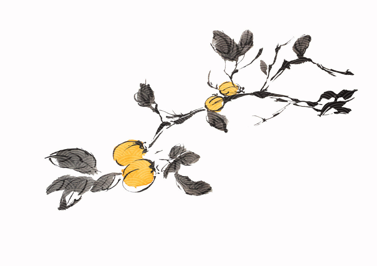 Tapet Japandi cu creanga de cais intr-o textura cu motive seigaiha japoneze - UME BRANCH