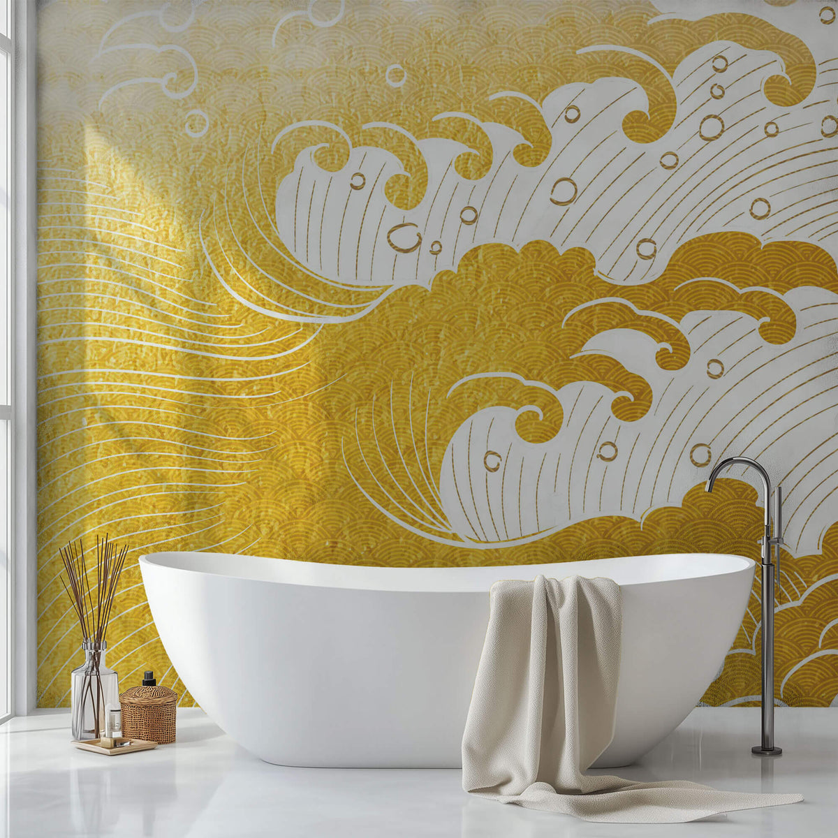 Tapet Japandi cu valuri aurii ilustrate in stil japonez cu motive seigaiha - GOLDEN TEXTURE WAVES