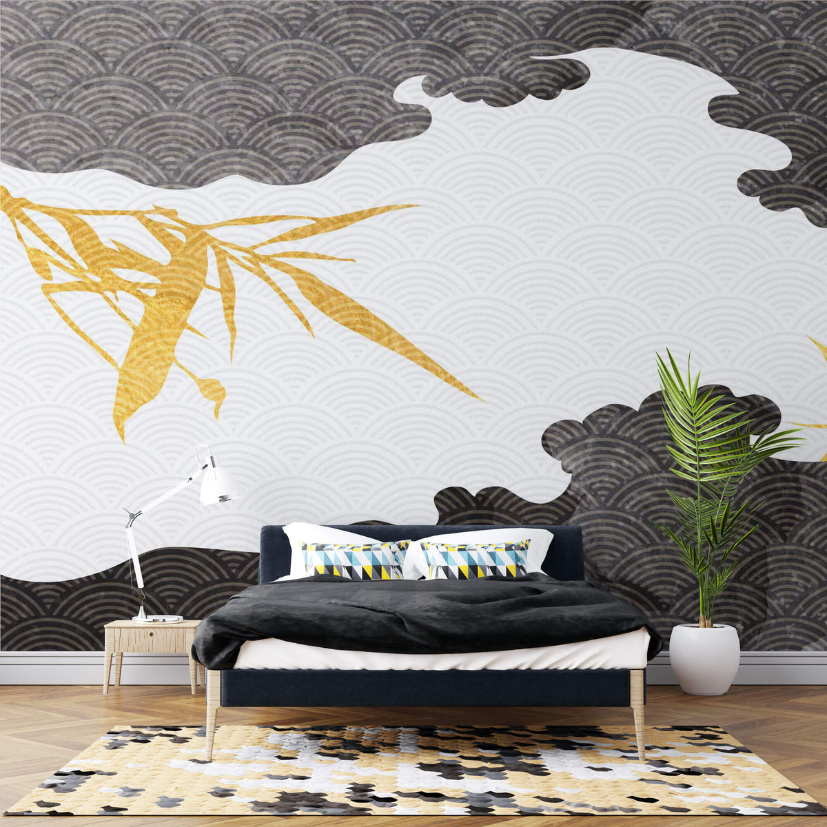 Tapet Japandi cu ilustratie abstracta in stil japonez cu motive seigaiha in nuante alb negru si bambusi aurii - BLACK CLOUD BAMBOO