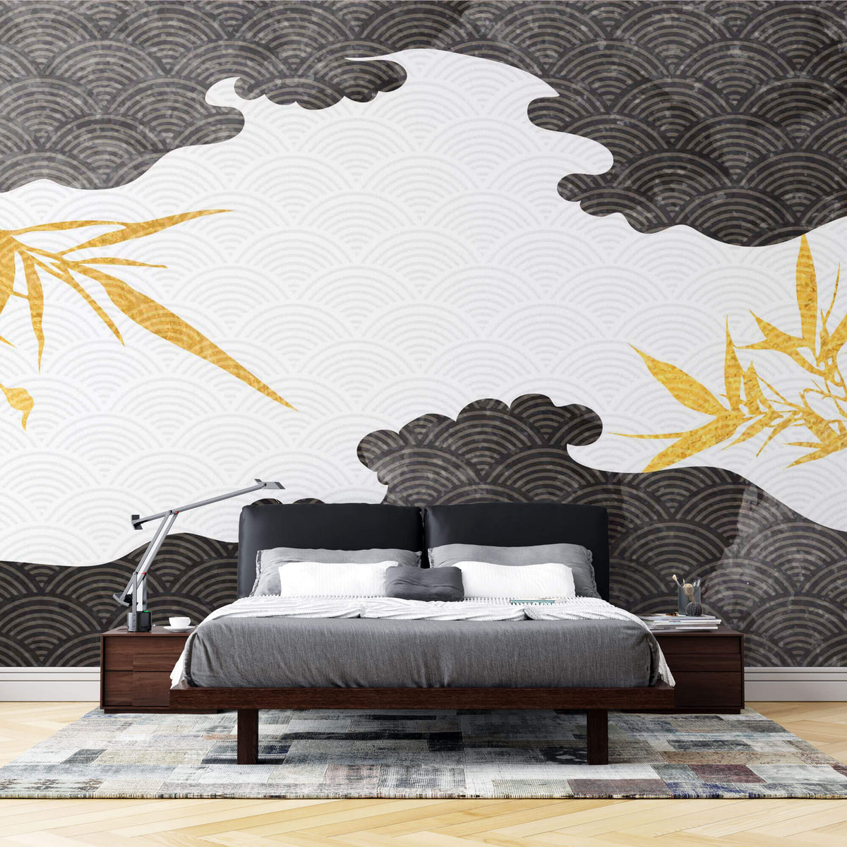 Tapet Japandi cu ilustratie abstracta in stil japonez cu motive seigaiha in nuante alb negru si bambusi aurii - BLACK CLOUD BAMBOO