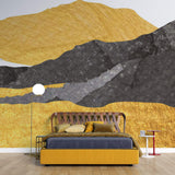 Tapet Japandi cu munti abstracti texturati cu motive japoneze in nuante aurii si negre - ZENITH OF GOLD