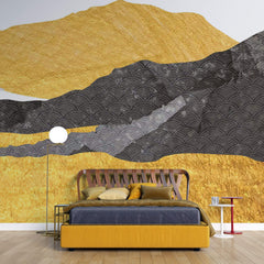 Tapet Japandi cu munti abstracti texturati cu motive japoneze in nuante aurii si negre - ZENITH OF GOLD