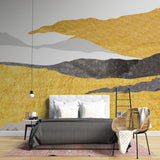 Tapet Japandi cu munti abstracti texturati cu motive japoneze in nuante aurii si negre - ZENITH OF GOLD