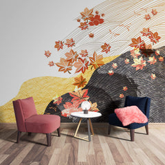 Tapet Japandi cu peisaj abstract japonez cu frunze de artar japonez - MAPLE JAPANESE WIND