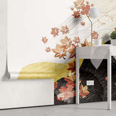 Tapet Japandi cu peisaj abstract japonez cu frunze de artar japonez - MAPLE JAPANESE WIND