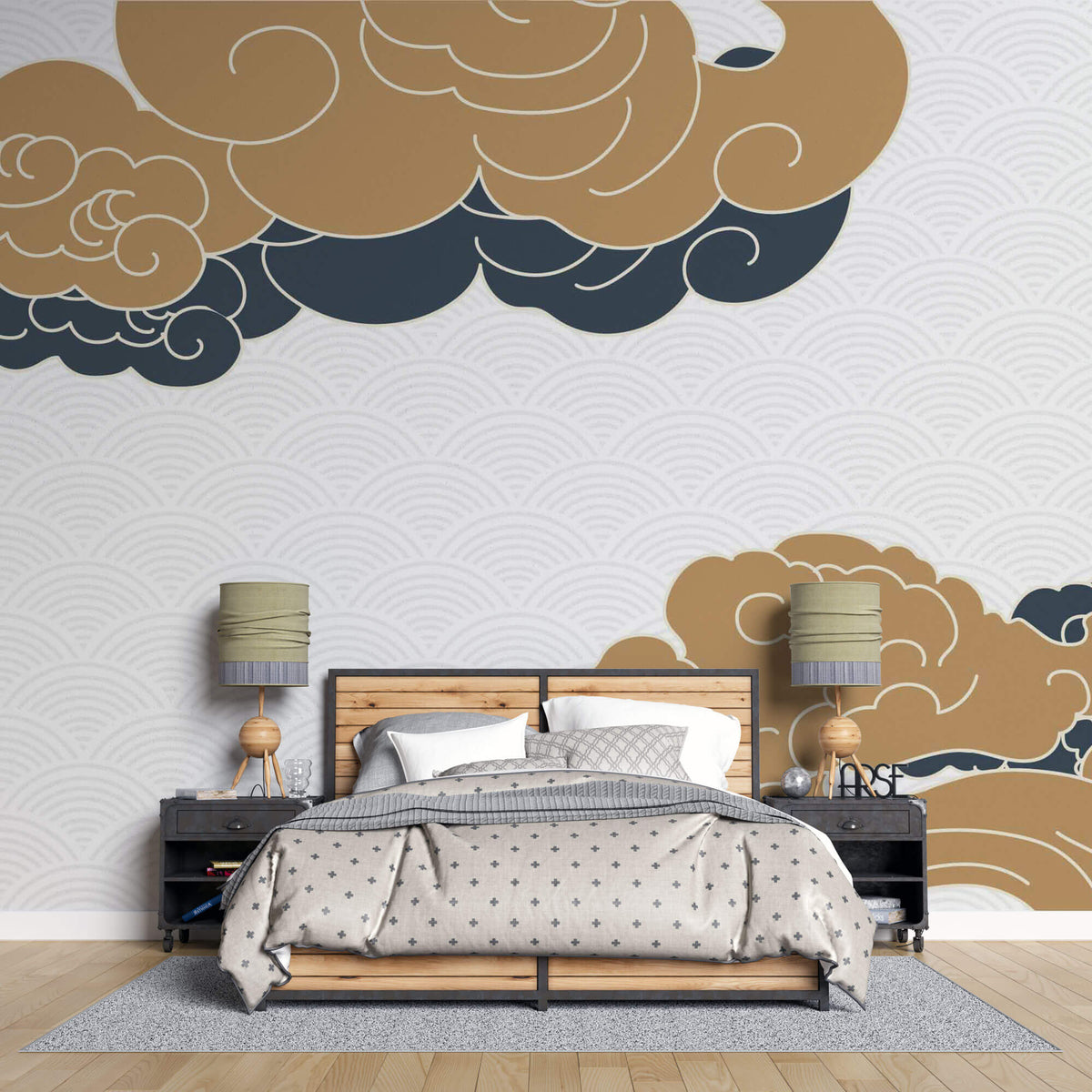 Tapet Japandi cu nori abstracti in stil japonez cu fundal texturat cu motive seigaiha - SERENITY BEIGE CLOUDS