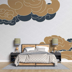 Tapet Japandi cu nori abstracti in stil japonez cu fundal texturat cu motive seigaiha - SERENITY BEIGE CLOUDS