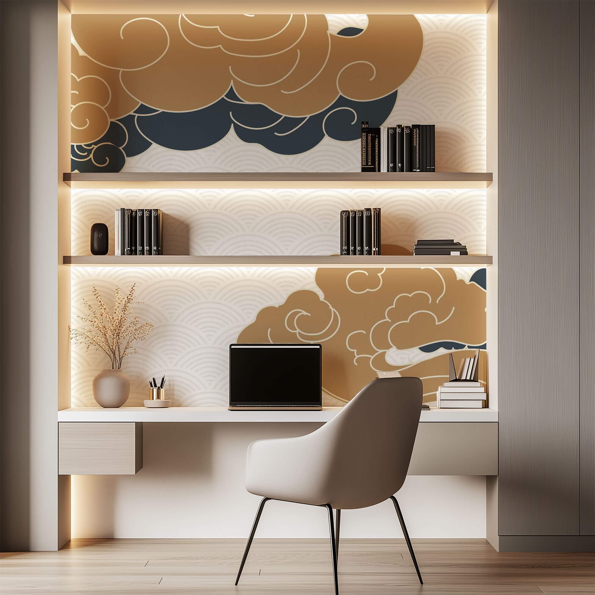 Tapet Japandi cu nori abstracti in stil japonez cu fundal texturat cu motive seigaiha - SERENITY BEIGE CLOUDS