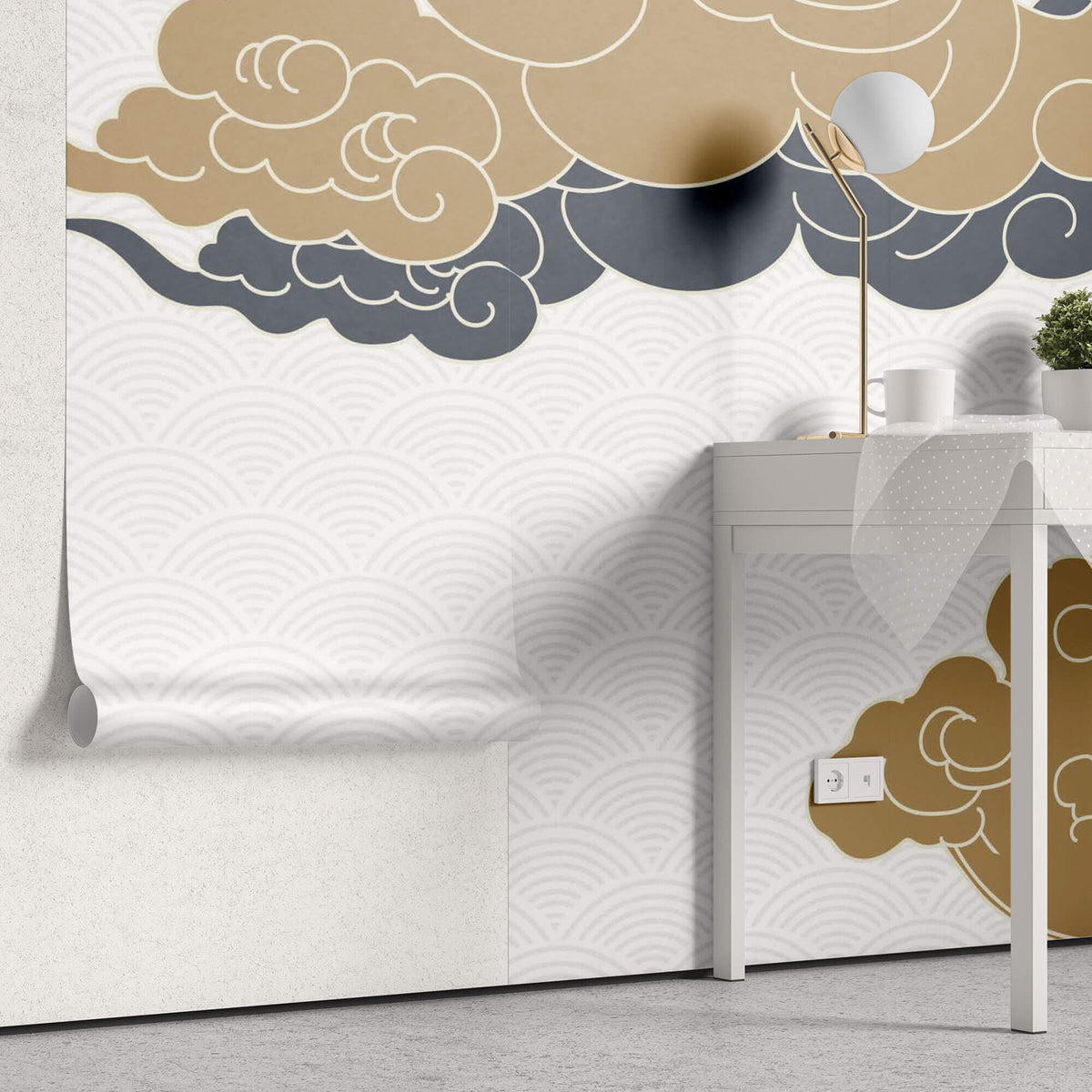 Tapet Japandi cu nori abstracti in stil japonez cu fundal texturat cu motive seigaiha - SERENITY BEIGE CLOUDS