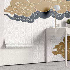 Tapet Japandi cu nori abstracti in stil japonez cu fundal texturat cu motive seigaiha - SERENITY BEIGE CLOUDS