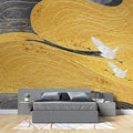 Tapet Japandi cu model abstract japonez in nuante aurii si negre si egrete in zbor - WINDY GOLDEN  SKY