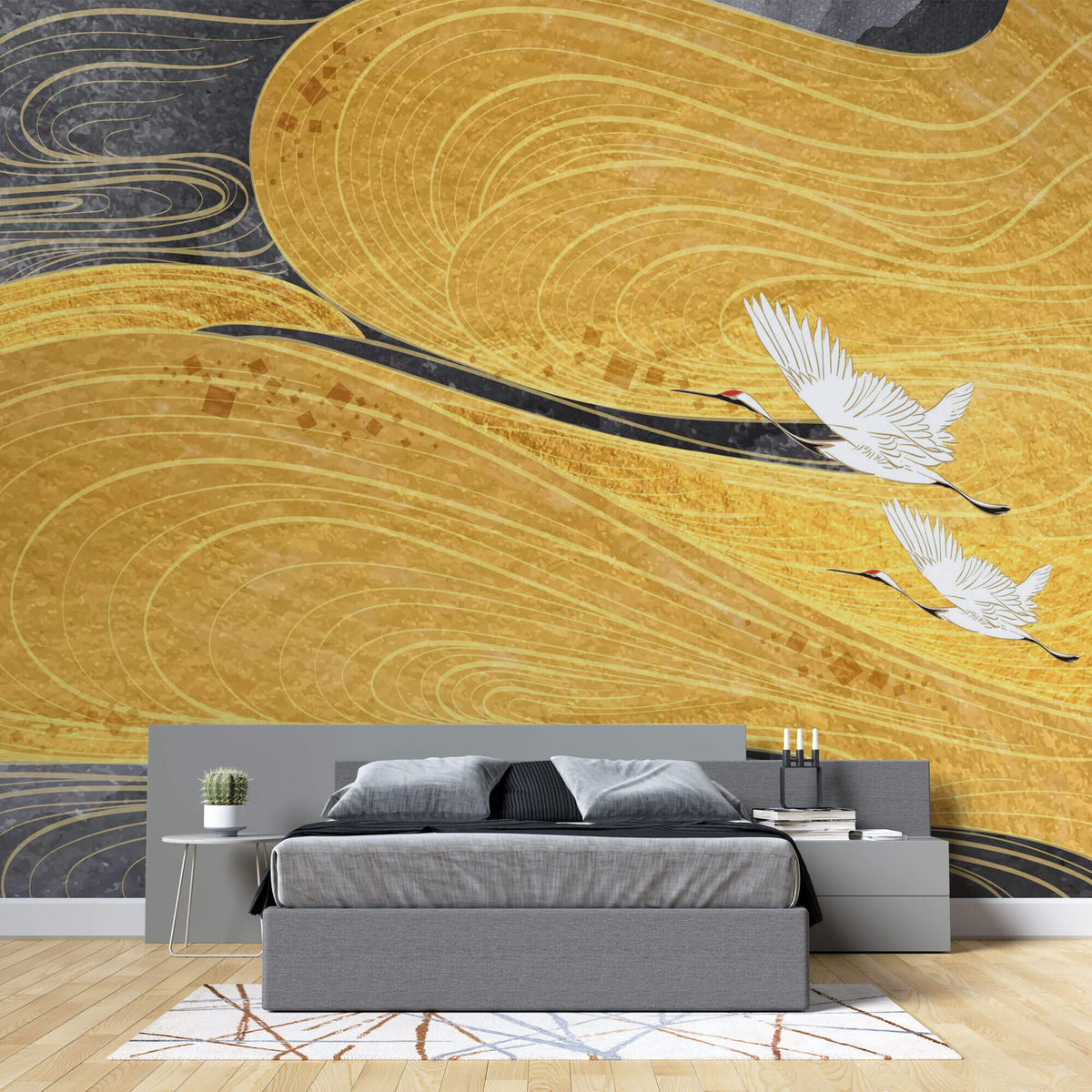 Tapet Japandi cu model abstract japonez in nuante aurii si negre si egrete in zbor - WINDY GOLDEN  SKY