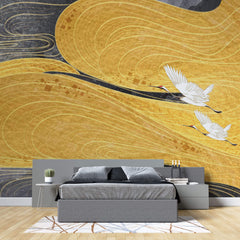 Tapet Japandi cu model abstract japonez in nuante aurii si negre si egrete in zbor - WINDY GOLDEN  SKY