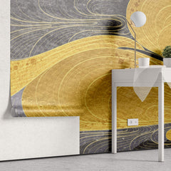 Tapet Japandi cu model abstract japonez in nuante aurii si negre si egrete in zbor - WINDY GOLDEN  SKY