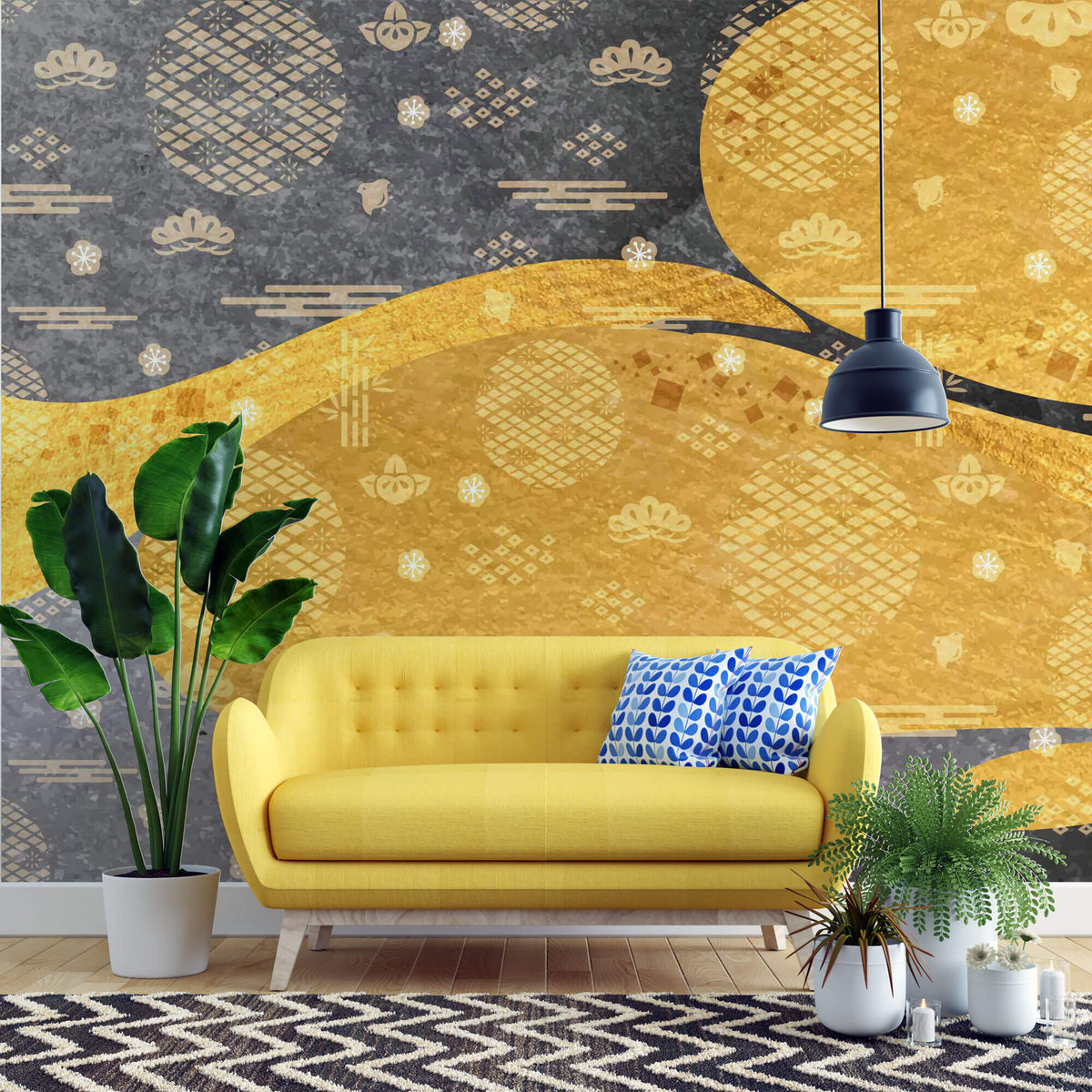 Tapet Japandi cu model abstract japonez in nuante aurii si negre cu motive traditionale - GOLD AMALGAM