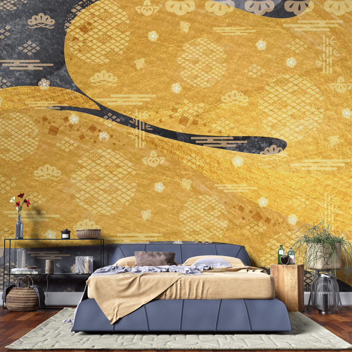 Tapet Japandi cu model abstract japonez in nuante aurii si negre cu motive traditionale - GOLD AMALGAM