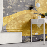 Tapet Japandi cu model abstract japonez in nuante aurii si negre cu motive traditionale - GOLD AMALGAM