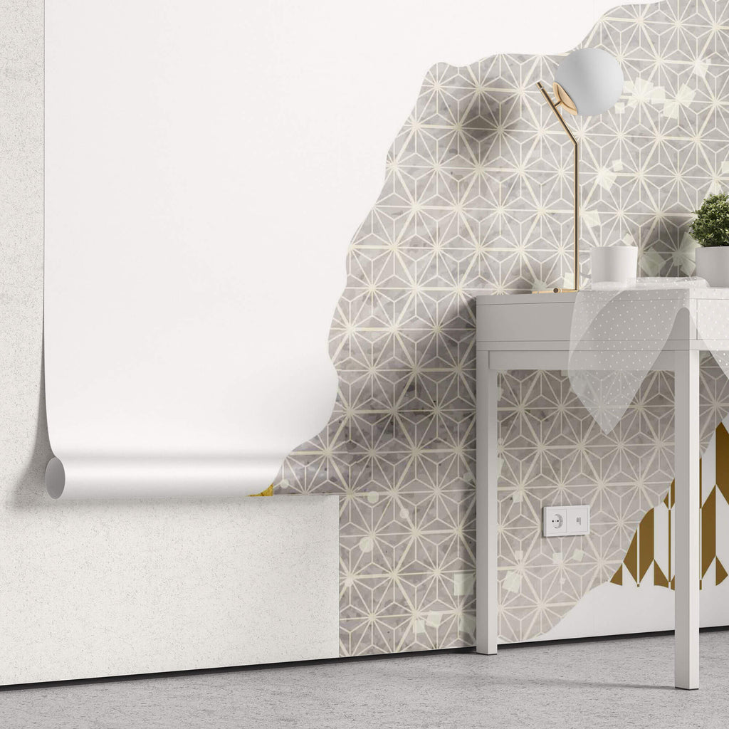 Tapet Japandi cu model abstract cu diverse texturi cu motive japoneze - SHIMMERING SILVER