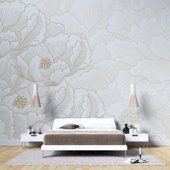 Tapet Japandi cu magnolii japoneze albe inflorite - GOLD PEONY DREAM