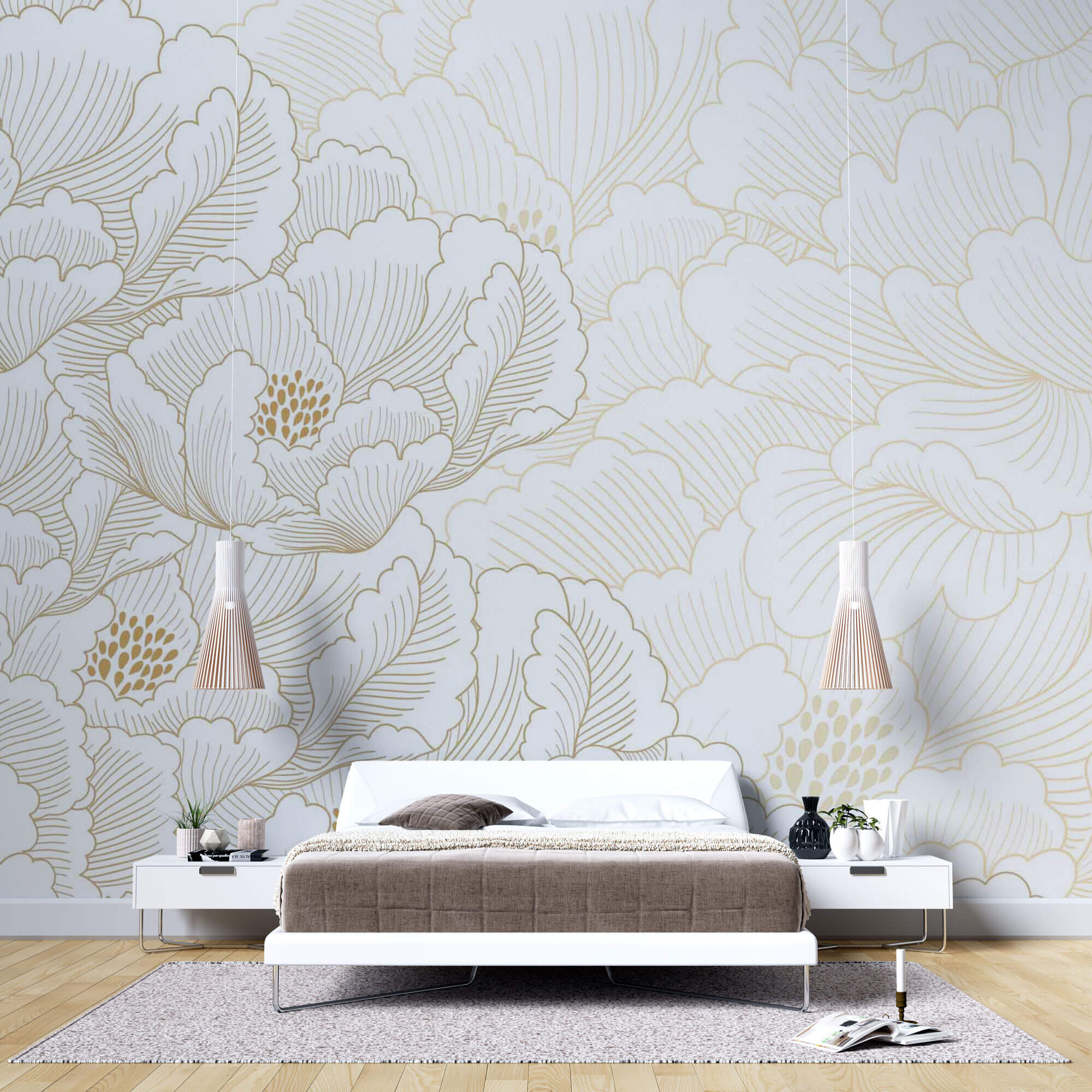Tapet Japandi cu magnolii japoneze albe inflorite - GOLD PEONY DREAM