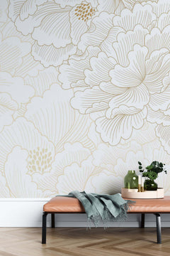 Tapet Japandi cu magnolii japoneze albe inflorite - GOLD PEONY DREAM