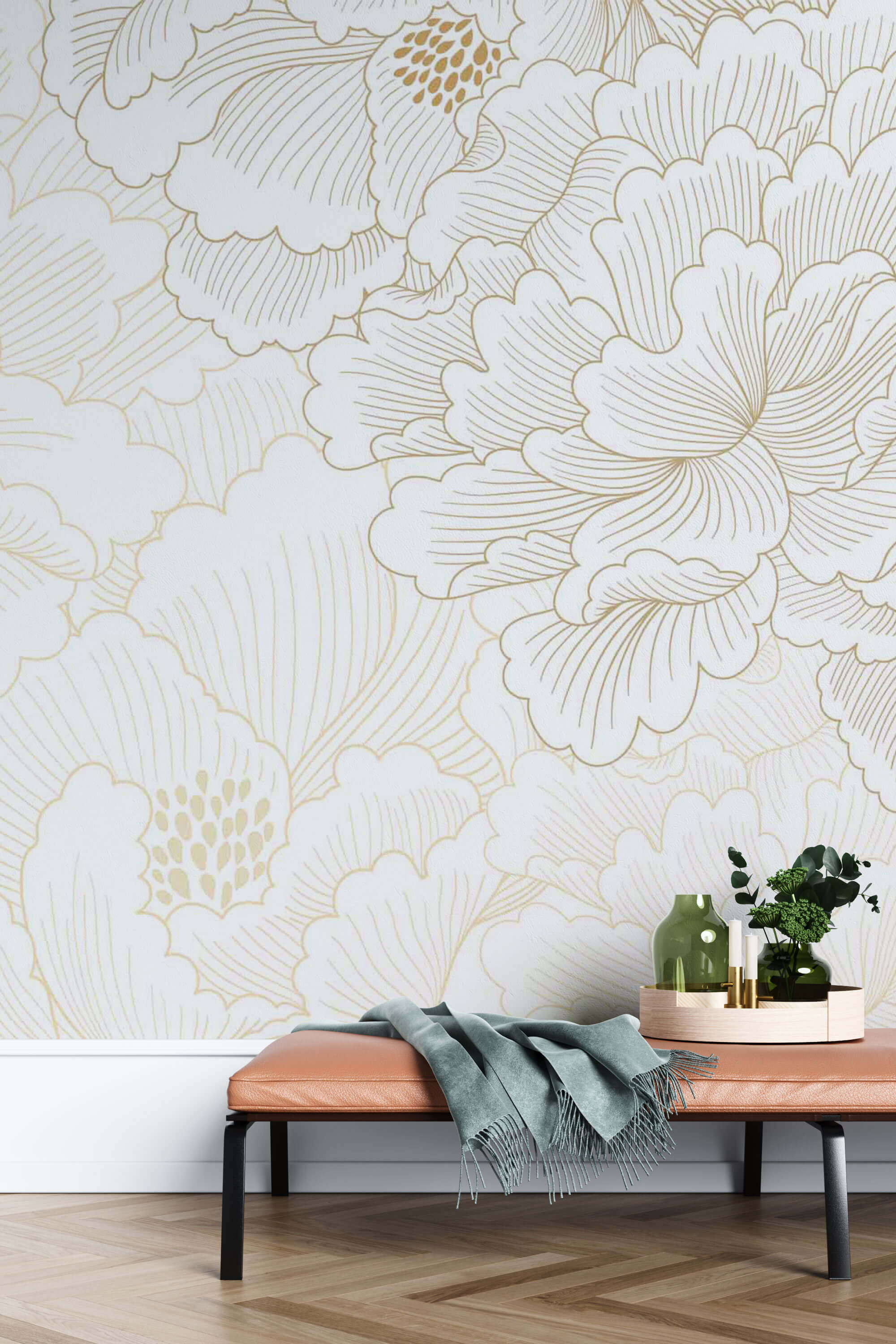 Tapet Japandi cu magnolii japoneze albe inflorite - GOLD PEONY DREAM