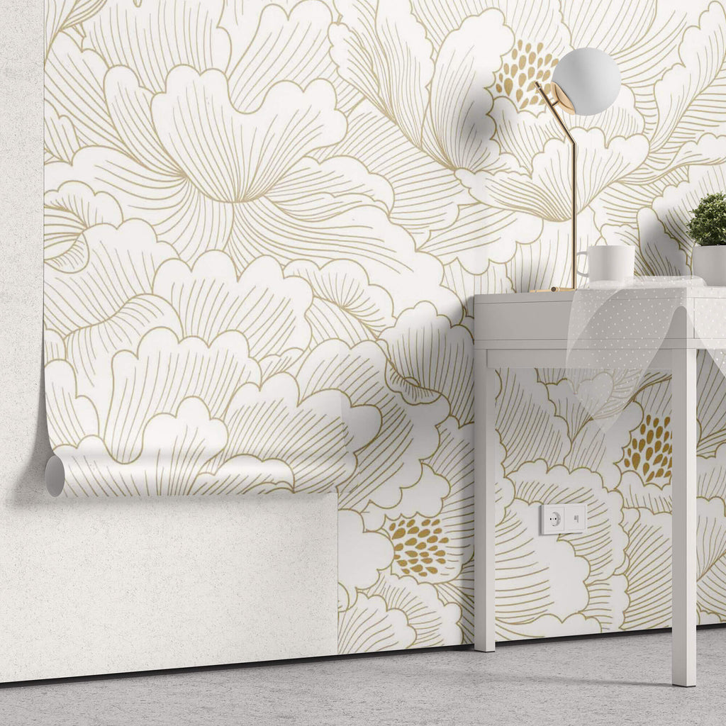 Tapet Japandi cu magnolii japoneze albe inflorite - GOLD PEONY DREAM