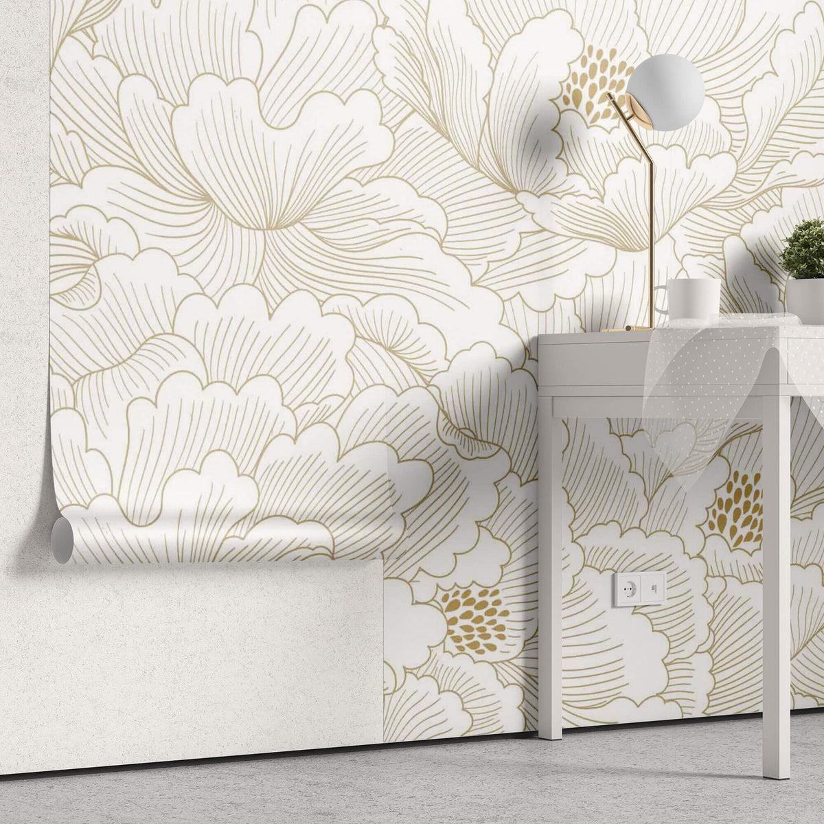 Tapet Japandi cu magnolii japoneze albe inflorite - GOLD PEONY DREAM