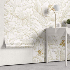 Tapet Japandi cu magnolii japoneze albe inflorite - GOLD PEONY DREAM