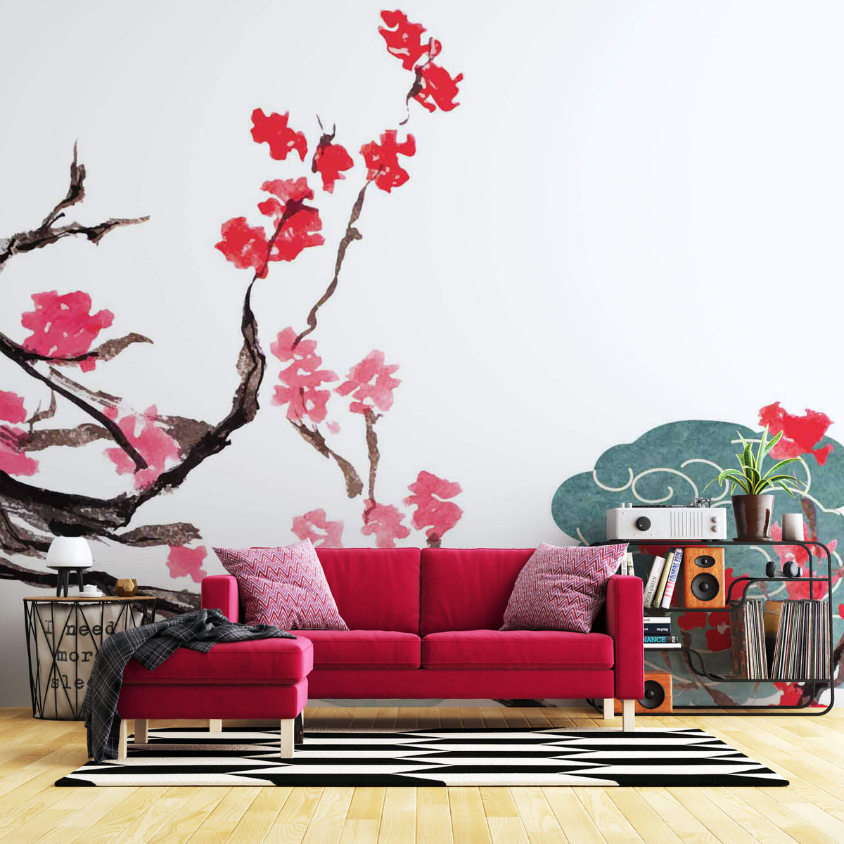 Tapet Japandi cu ciresi japonezi infloriti nori si egrete in zbor - TUSURU SAKURA BLOSSOM