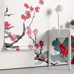 Tapet Japandi cu ciresi japonezi infloriti nori si egrete in zbor - TUSURU SAKURA BLOSSOM