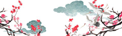 Tapet Japandi cu ciresi japonezi infloriti nori si egrete in zbor - TUSURU SAKURA BLOSSOM