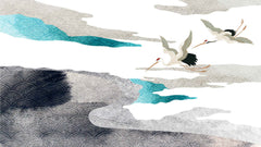 Tapet Japandi cu ceata si nori abstracti cu textura si motive japoneze seigaiha si egrete in zbor - SEIGAIHA UNKAI CRANES