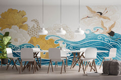 Tapet Japandi cu egrete alfate in zbor peste valurile marii si bujori infloriti - BLOSSOM JAPANESE WAVES