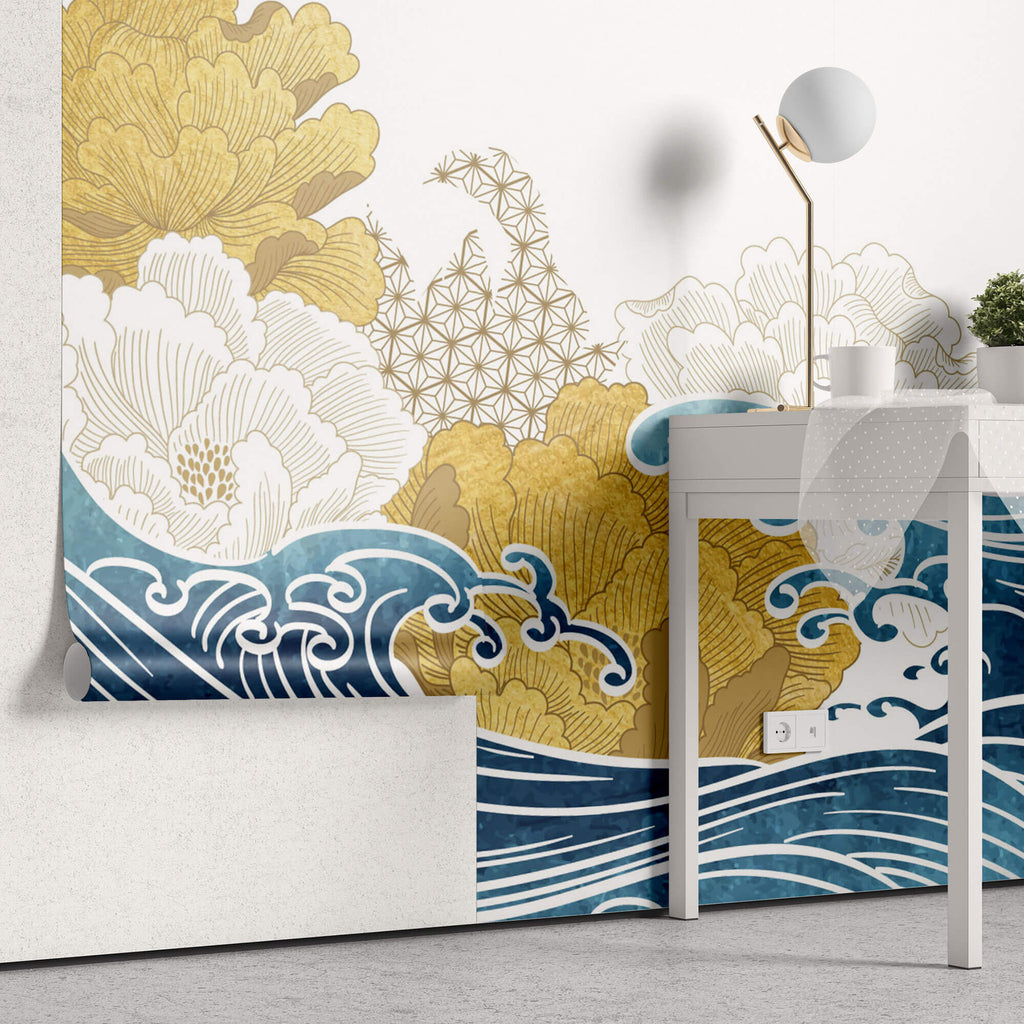 Tapet Japandi cu egrete alfate in zbor peste valurile marii si bujori infloriti - BLOSSOM JAPANESE WAVES
