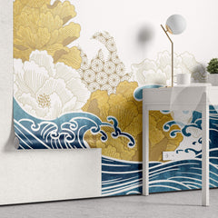 Tapet Japandi cu egrete alfate in zbor peste valurile marii si bujori infloriti - BLOSSOM JAPANESE WAVES