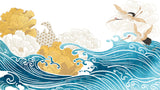 Tapet Japandi cu egrete alfate in zbor peste valurile marii si bujori infloriti - BLOSSOM JAPANESE WAVES