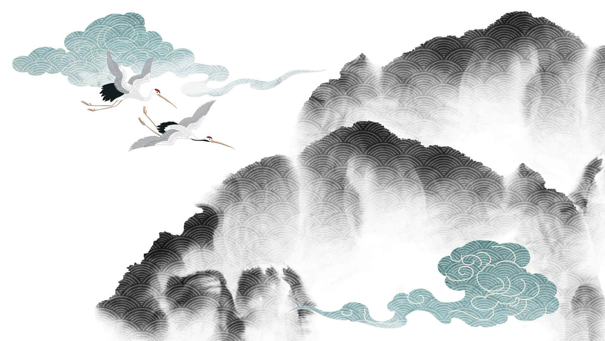 Tapet Japandi cu peisaj abstract cu munti si nori japonezi abstracti cu motive seigaiha - JAPANDI WATERFALL