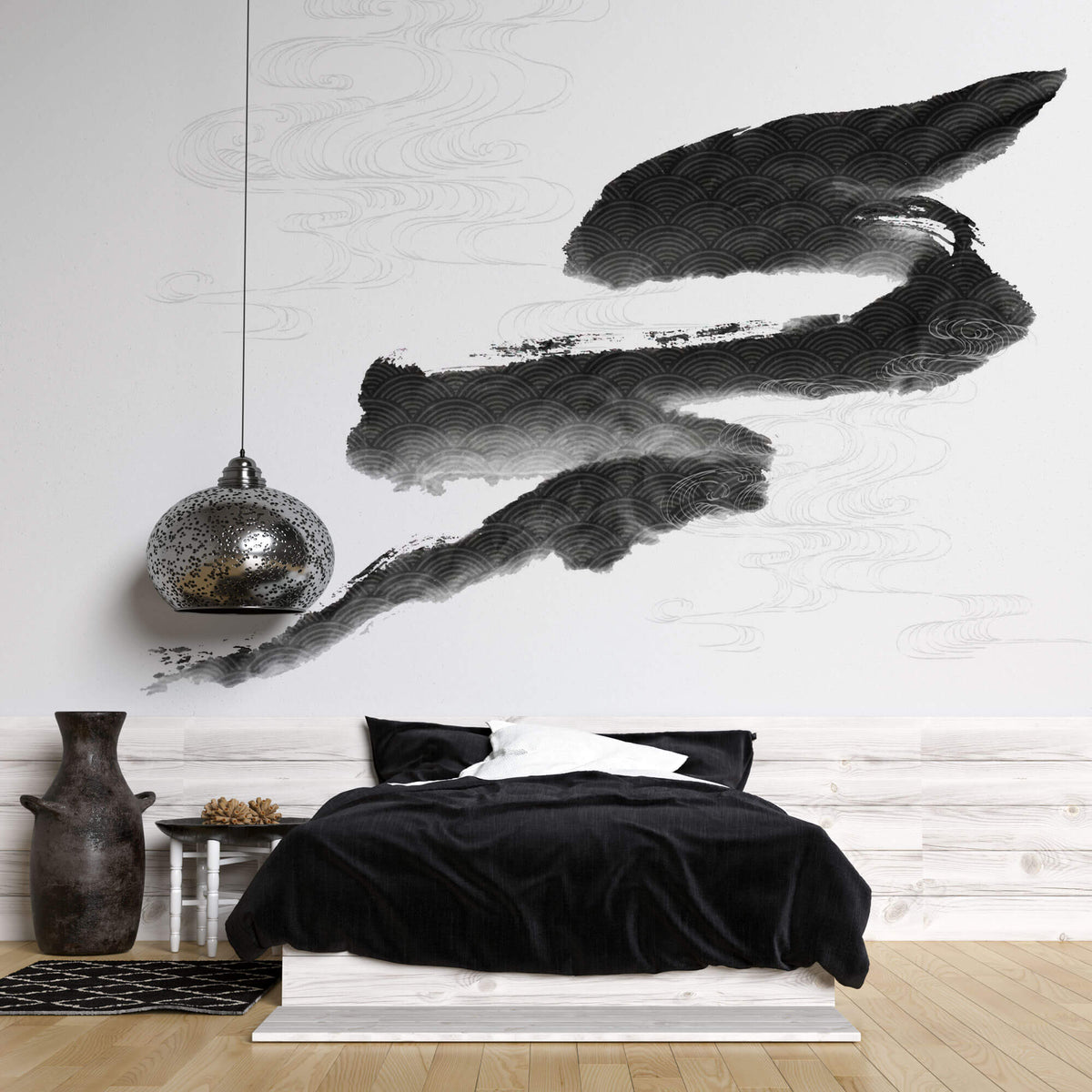 Tapet Japandi cu pictura japoneza sumi si motive seigaiha in nuante de negru si alb - SUMI WIND