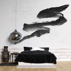 Tapet Japandi cu pictura japoneza sumi si motive seigaiha in nuante de negru si alb - SUMI WIND