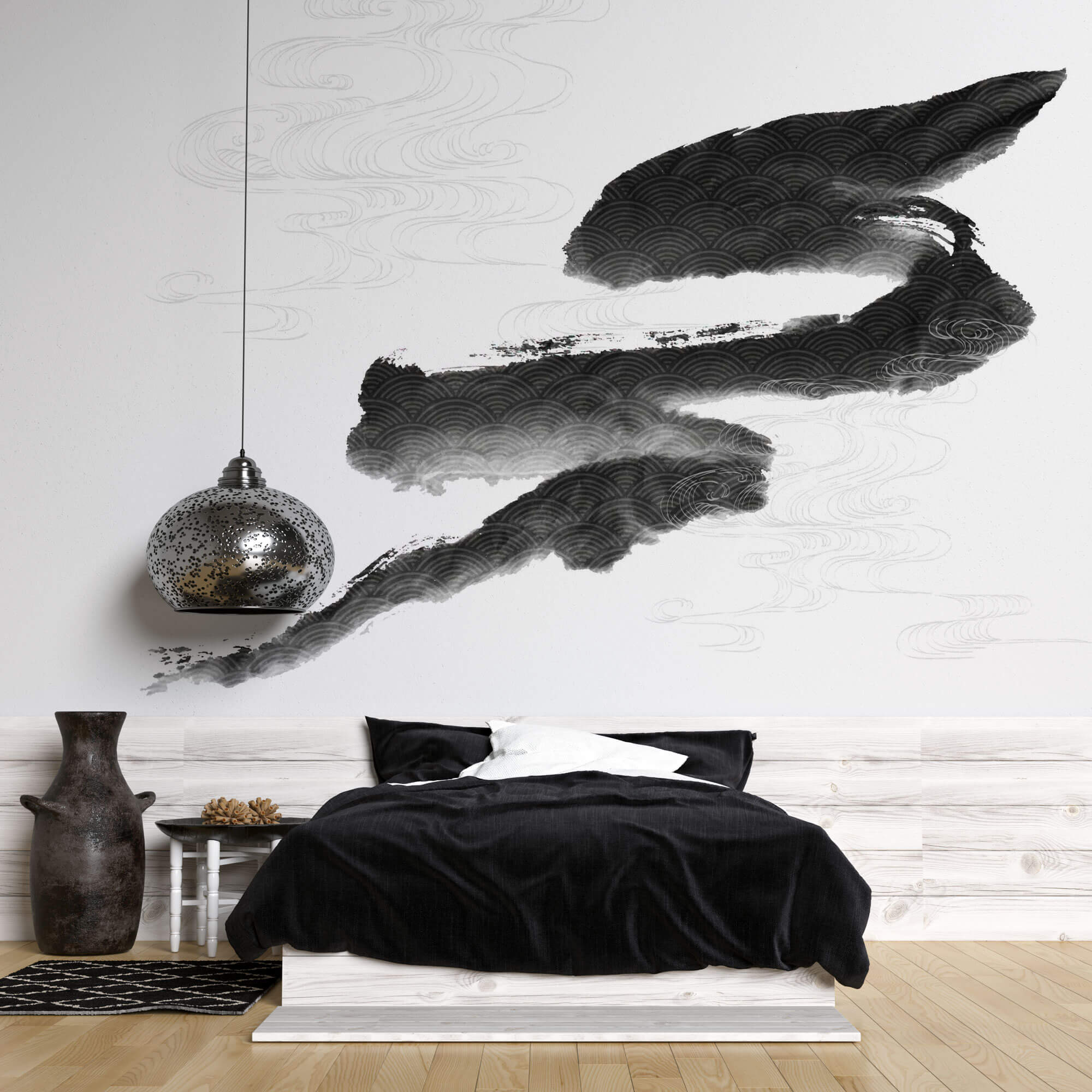 Tapet Japandi cu pictura japoneza sumi si motive seigaiha in nuante de negru si alb - SUMI WIND